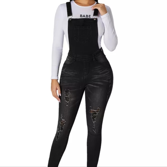 New Black denim distressed jumpsuit overalls size Small - Picture 2 of 7
